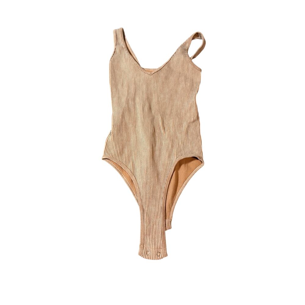 Aura Size Small/Medium Women Bodysuit Tan Brown Ribbed Stretch Y2K Sleeveless